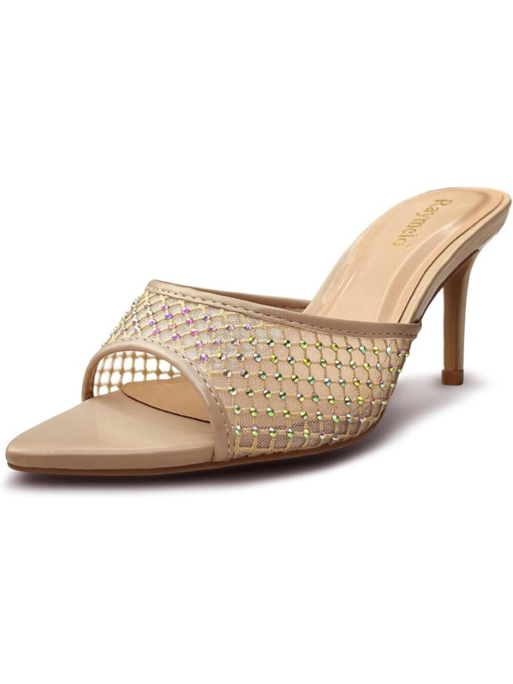 Women's Beige Mesh Slip-On Open Toe Party And Summer Wear Heeled Sandals